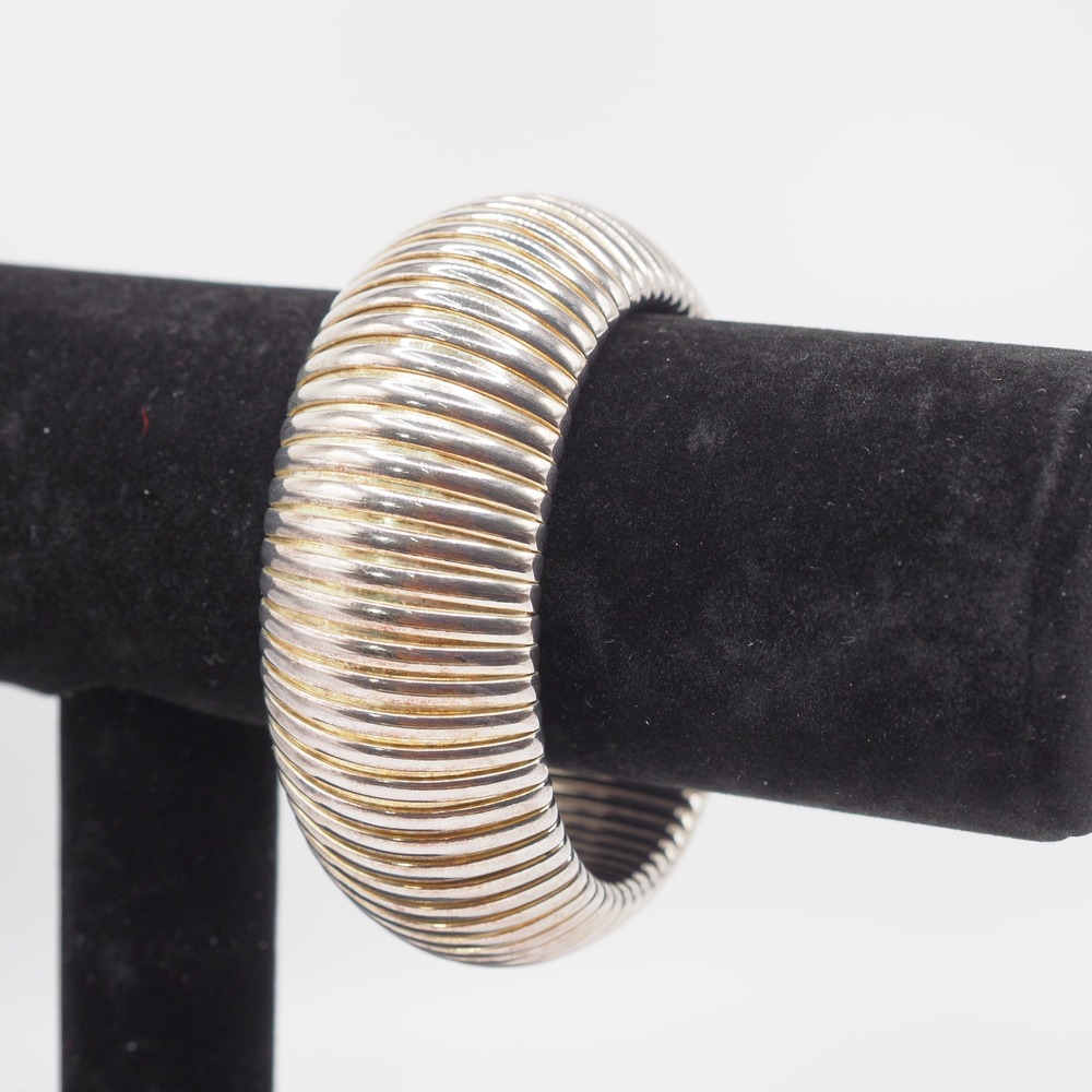 Vintage Omega Bracelet Wide Ribbed Stretch Signed Silver Tone Chunky Statement